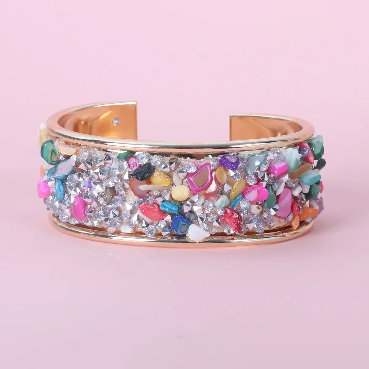 Fashion Wide Women's Retro Color Gravel C- Shaped Opening Bracelet