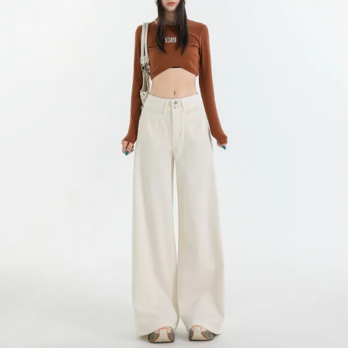 Women's Retro High Waist Wide Leg Jeans - Beige Extended Version