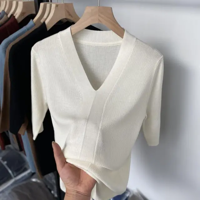 Ice Silk Slim Fit Slim Looking Base Knitwear Short Sleeve White - Shop at LoveMi