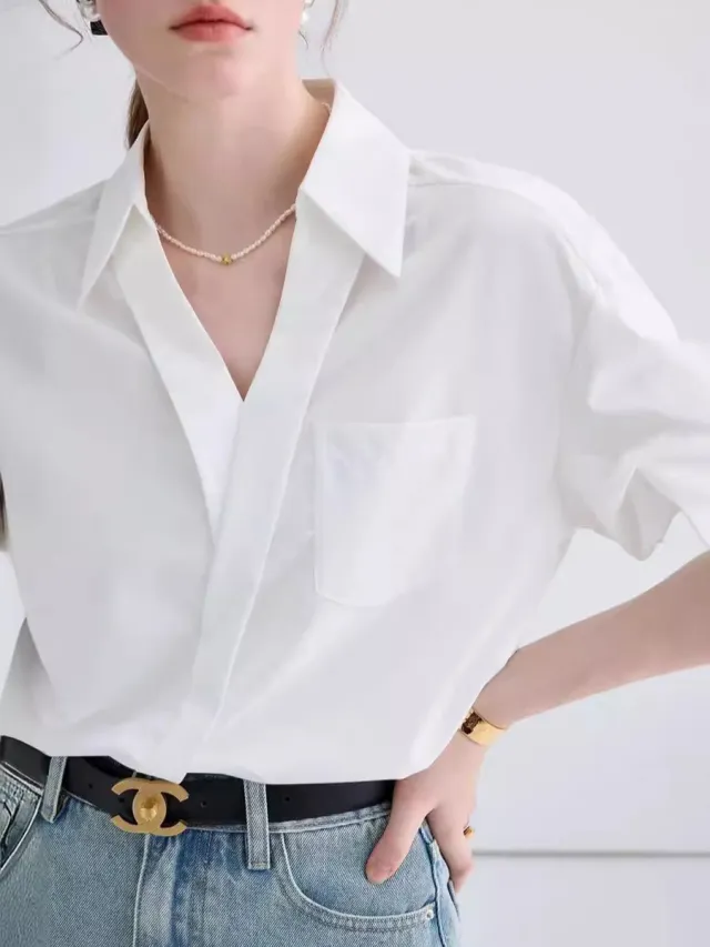 Design Sense Minority Fashion Elegant High Sense V neck Young French Top White - Shop at LoveMi