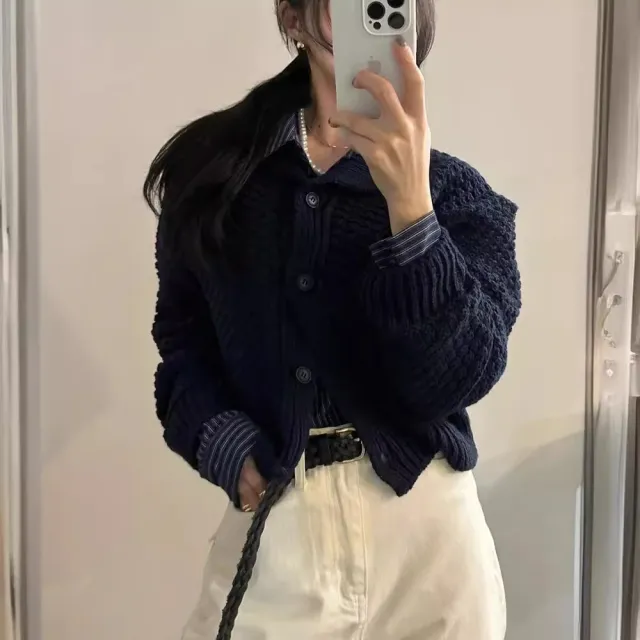 Retro Short Sweater Cardigan Women's Knitting Coat Navy Blue - Shop at LoveMi