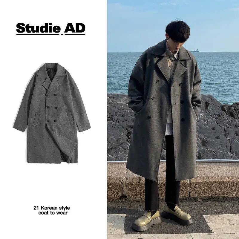Winter Woolen Men's Mid-length Over-the-knee Suit Collar Double Breasted Woolen Trench Coat Thickened