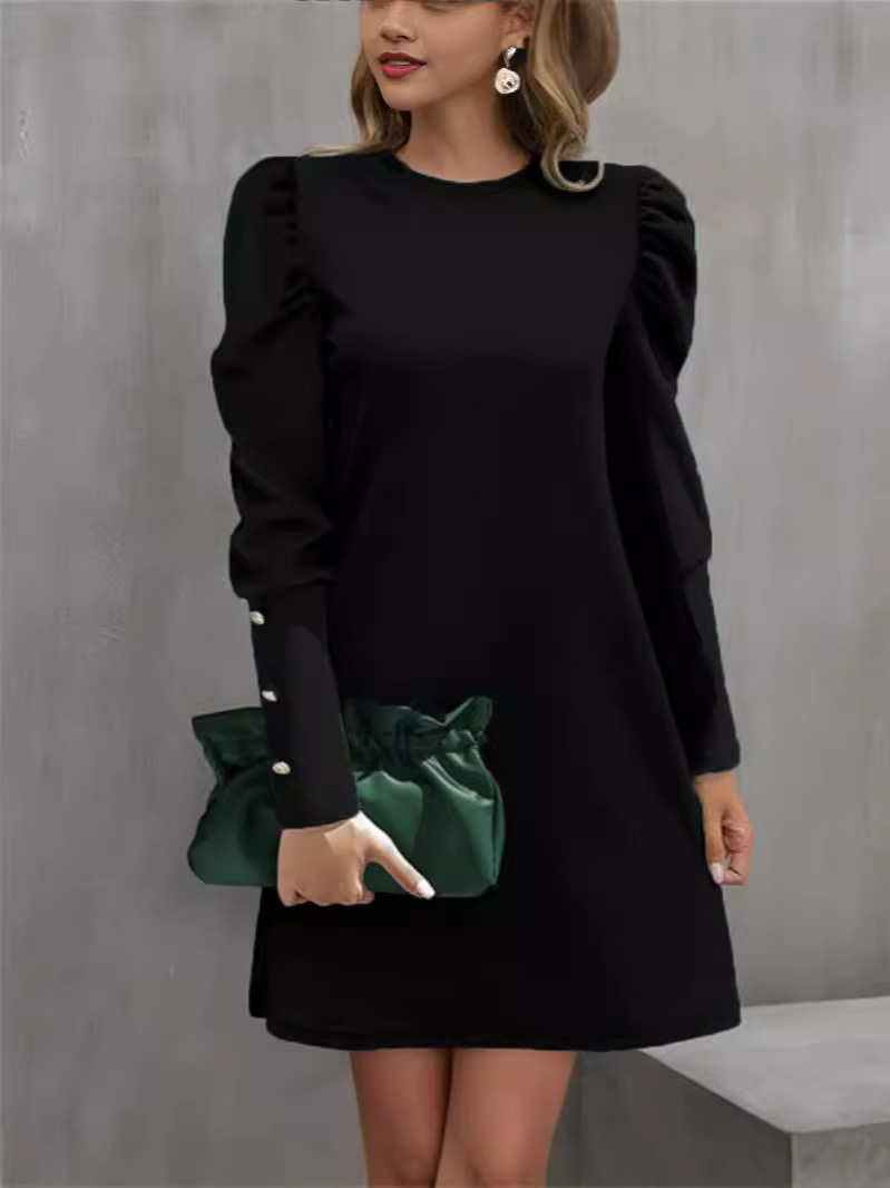 Autumn And Winter New Round Neck Bubble Sleeve Button Long Sleeve Dress Black - Shop at LoveMi