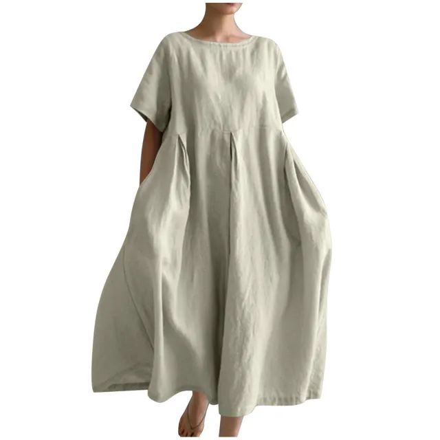 Women's Cotton And Linen Loose Round Neck Short Sleeve Granny Grey - Shop at LoveMi