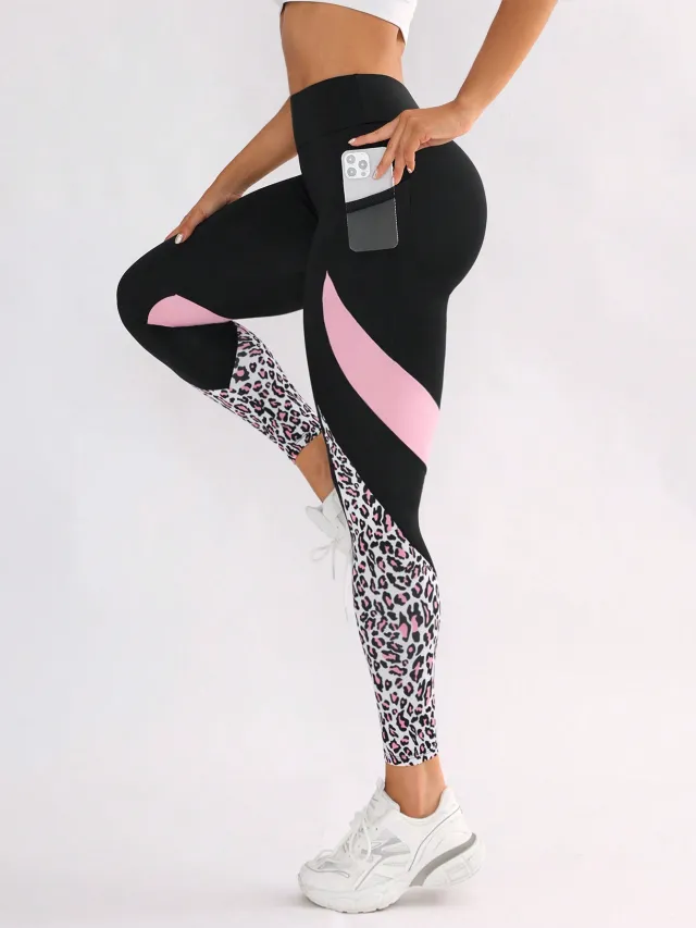 Color Contrast Patchwork Fashion Hip Raise High Waist Tight Sports Yoga Pants Leggings Color Leopard Print - Shop at LoveMi