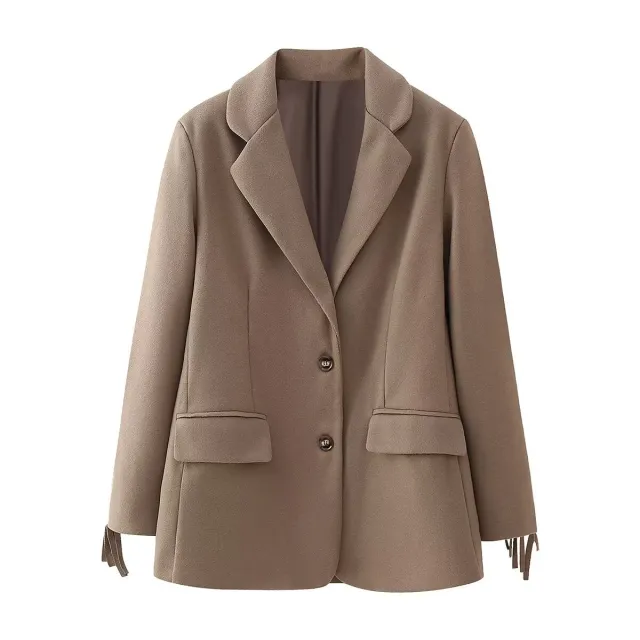 Women's Autumn New Tassel Wool Suit Jacket Tops Brown - Shop at LoveMi