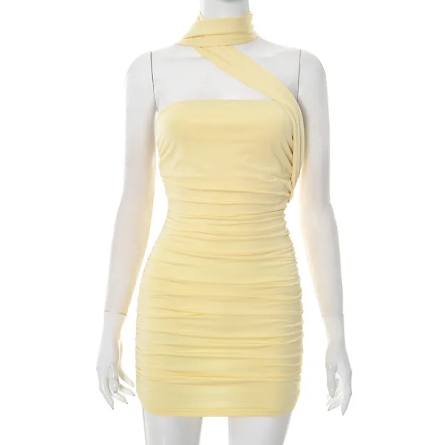 European And American Pure Color Halter Ribbon Tube Top Sexy Dress Yellow - Shop at LoveMi
