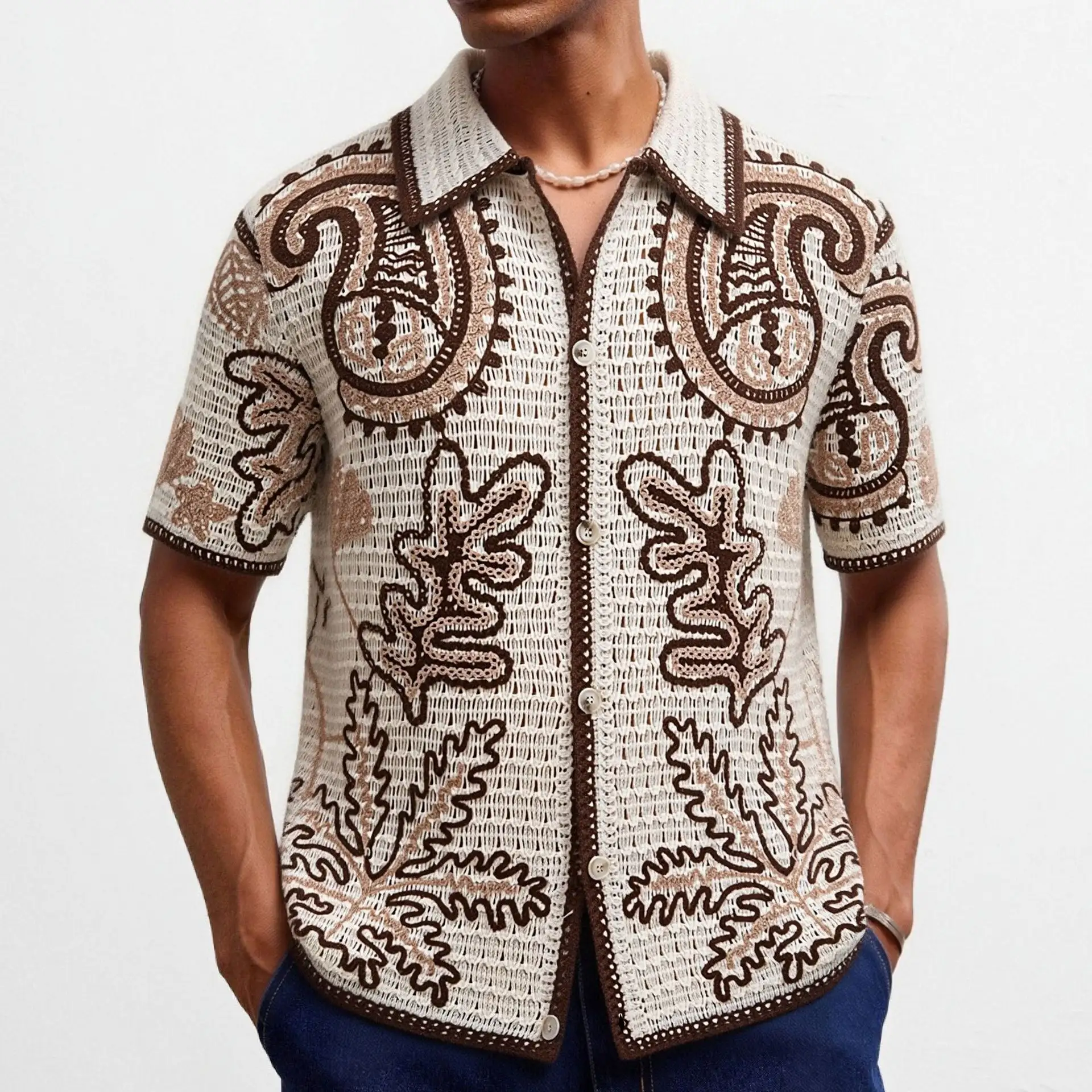 Hollow-out Short-sleeved Knit Sweater Notched-collar Casual Crocheted