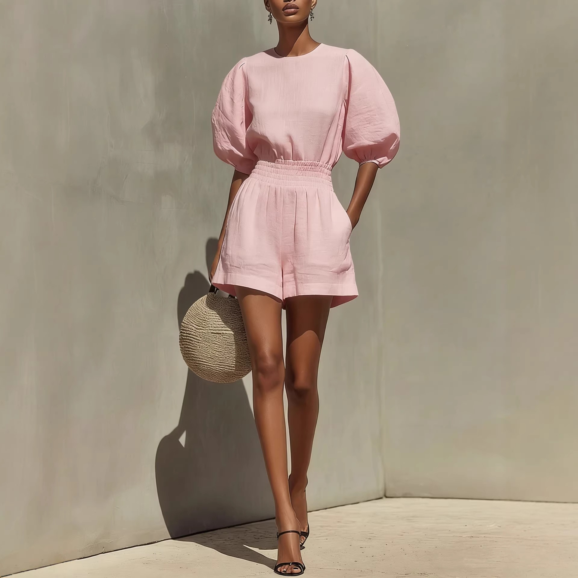 Women's Puff-Sleeve Top and Cropped Shorts in Purple – Final Lifestyle Shot