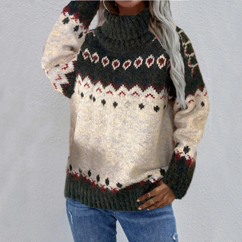 Turtleneck Knitted Sweater Christmas Loose Long Sleeve Jacquard Tops For Women Clothing - Green
