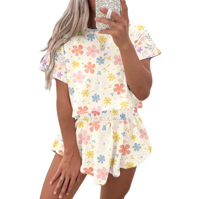 Summer New Fresh Floral Fashion Suit Women's Casual Short sleeved T shirt Shorts Lc627414 Apricot Yellow - Shop at LoveMi