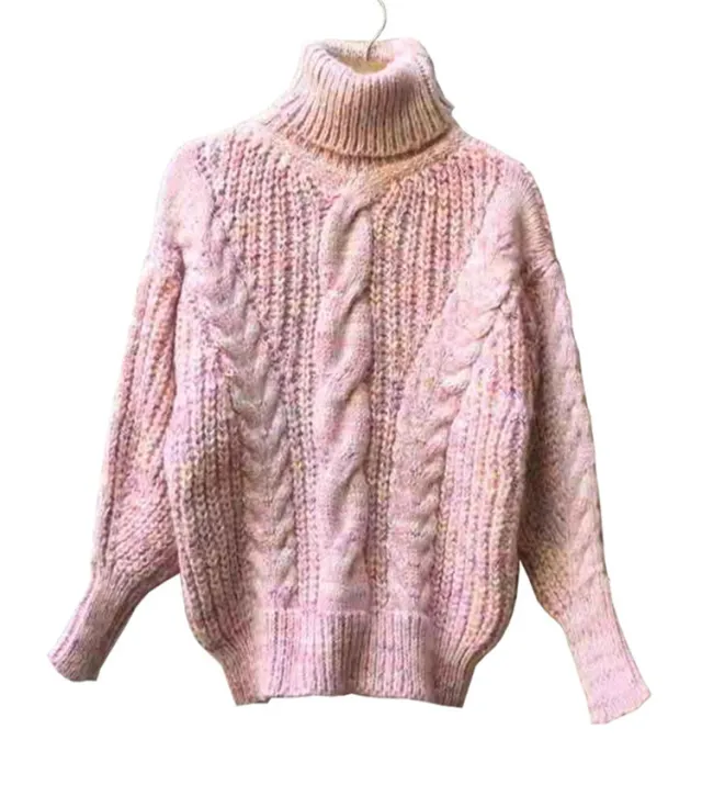 Autumn And Winter New Women's Wool Turtleneck Pullover Twist Long Sleeve Loose Knitted Bottoming Shirt Pink - Shop at LoveMi
