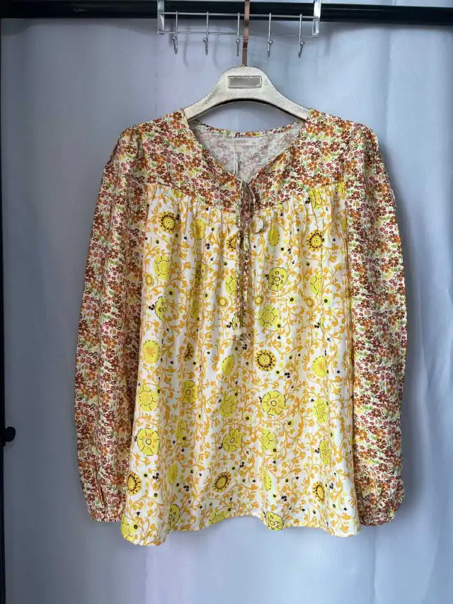 Long Sleeve Lace up Crew Neck Pullover Floral Casual Women's Top Yellow - Shop at LoveMi