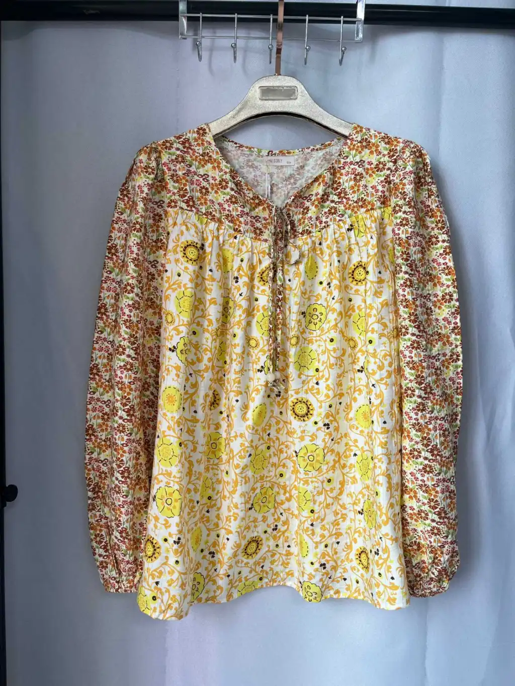 Long Sleeve Lace-up Crew Neck Pullover Floral Casual Women's Top - Yellow
