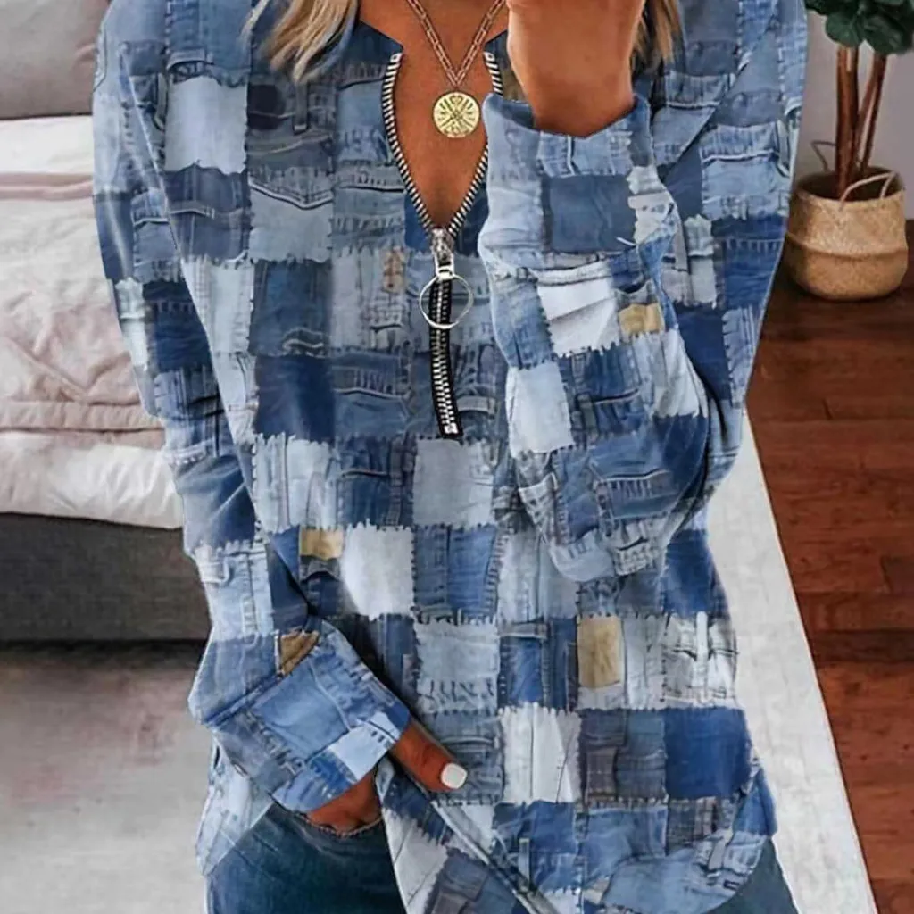 Faux Denim Printed Zipper Casual Top - Dark Blue