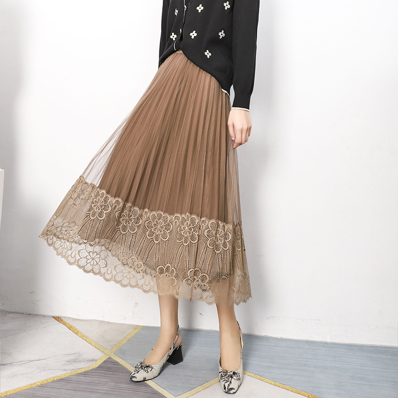 Double-sided Lace-panelled Pleated Skirt