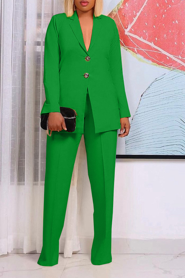 Solid Color Suit Collar Button Two piece Set Suit Green - Shop at LoveMi