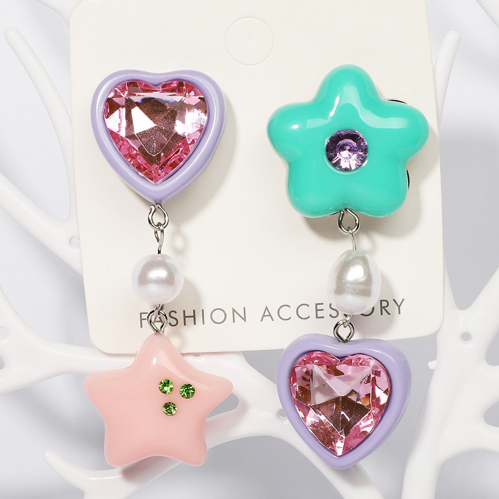 Asymmetric Ear Studs Long Heart Pentagram Earrings