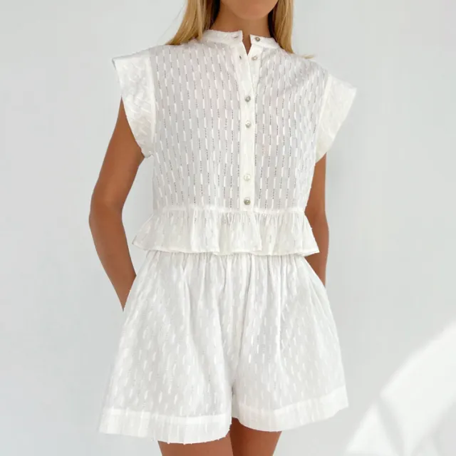 Summer Jacquard Short Sleeve Design Shirt Shorts Suit White - Shop at LoveMi