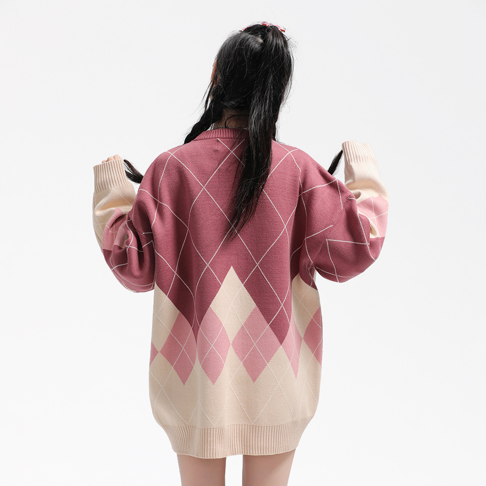 Rhombus Plaid Crew Neck Sweater For Women