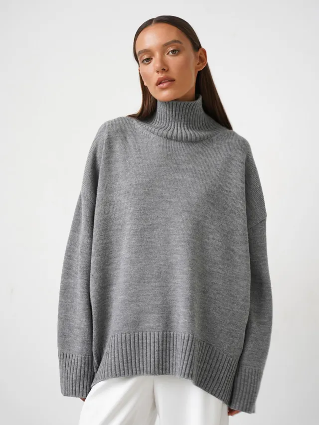 European And American Style Autumn And Winter Solid Color Turtleneck Sweater Loose Gray - Shop at LoveMi