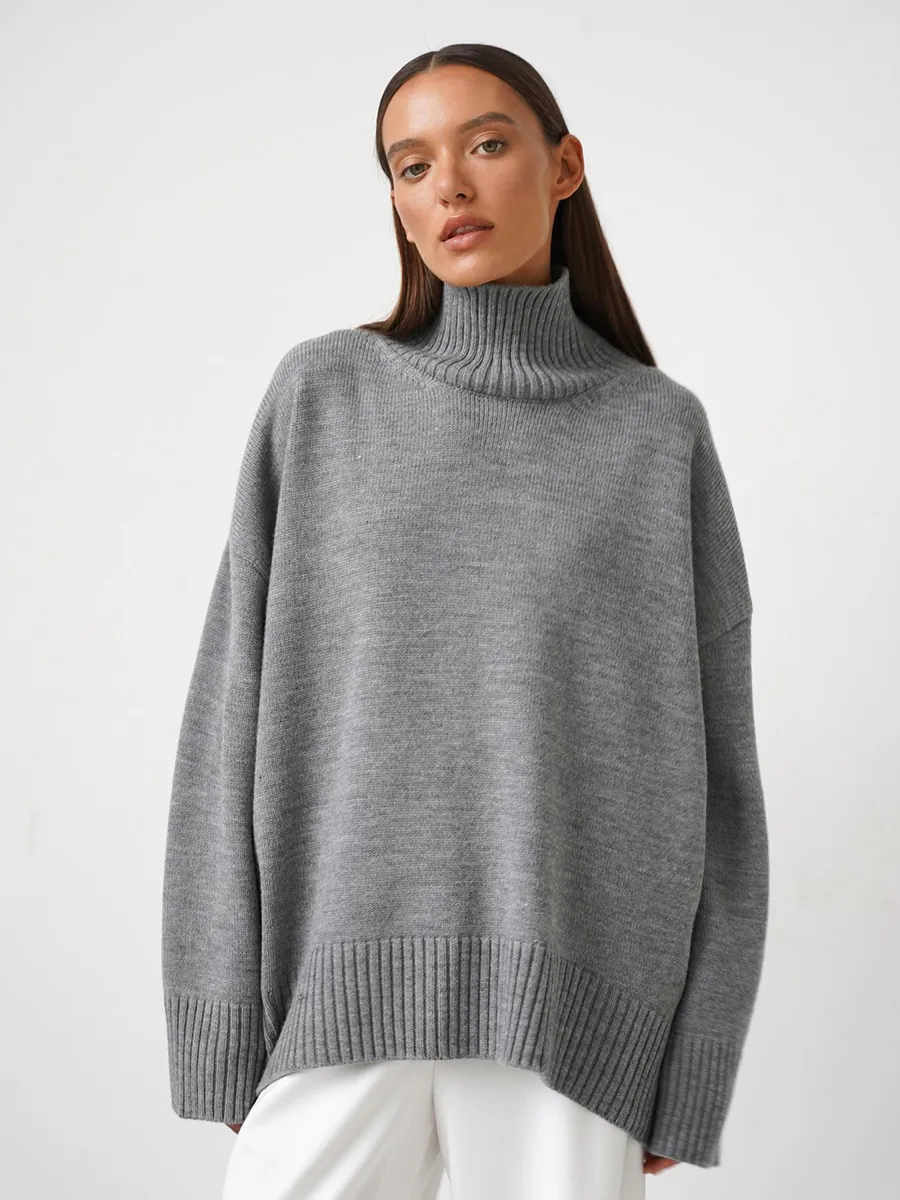 European And American Style Autumn And Winter Solid Colour Turtleneck Sweater Loose - Grey
