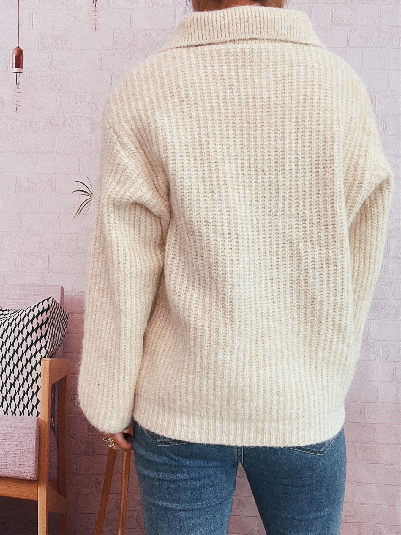Simple Commute Lapel Tied Knitted Pullover Solid Color Loose Sweater