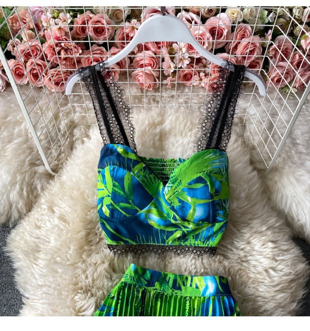 Seaside Holiday Floral Print Spaghetti-strap Camisole Top Sleeveless Two-piece Suit