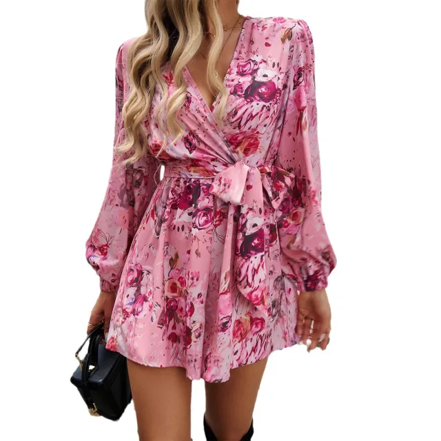 Lady Temperamental Printed Color Contrast Long Sleeve High Waist Overalls Pink - Shop at LoveMi