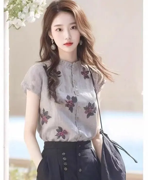 High end Chic Printed Western Style Stand Collar Niche Top Tan - Shop at LoveMi