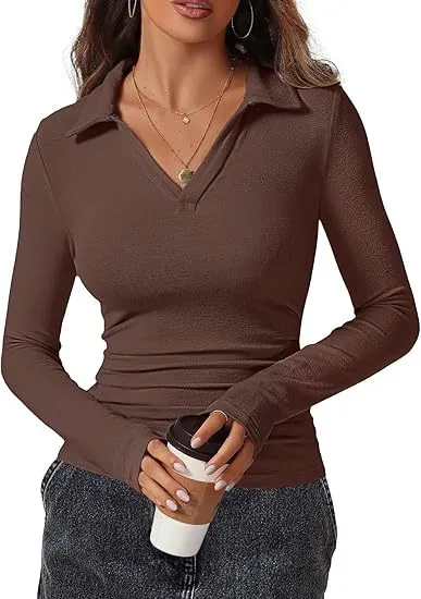 V neck Slim fit Casual Basic Pleated Top Dark Brown - Shop at LoveMi