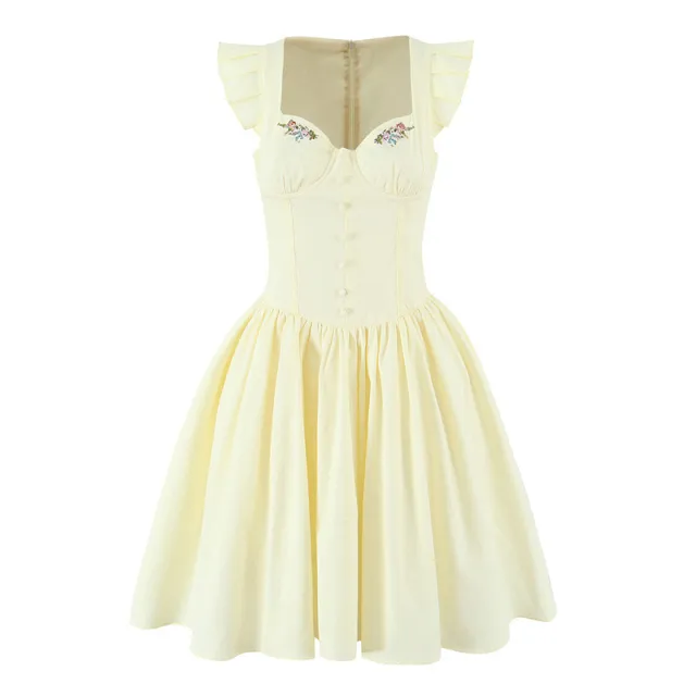 Sweet Lemon Yellow White Flying Sleeves Fishbone Embroidery Mini Dress Lemon Yellow - Shop at LoveMi