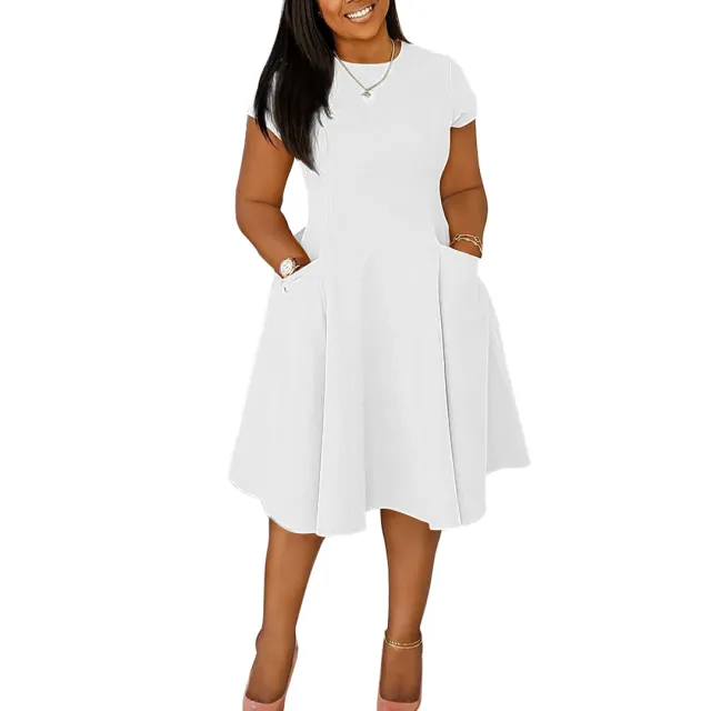 Arrival Casual A Line Midi Dress With Round Neck And Pockets Slim Fit White - Shop at LoveMi