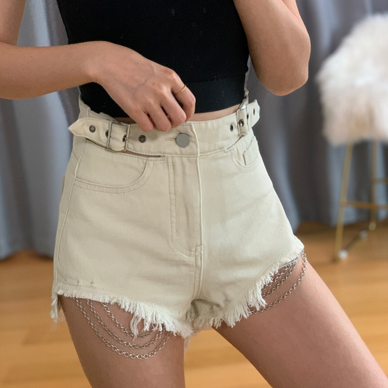 Spring And Summer Fashion Vintage Washed Hollow out Midriff Chain Denim Shorts Apricot - Shop at LoveMi