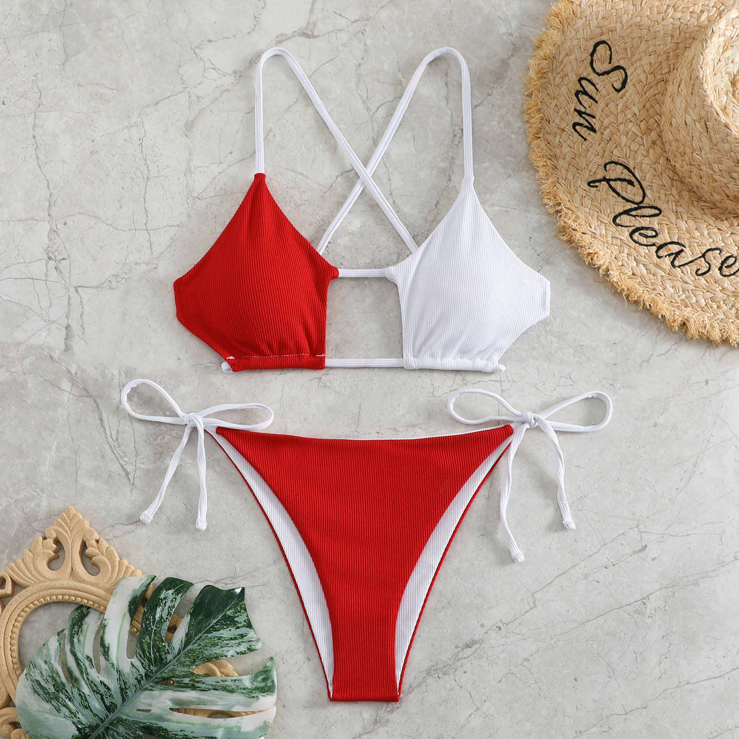 Plain Rib Fabric High Waist Color Swimsuit White And Red - Shop at LoveMi