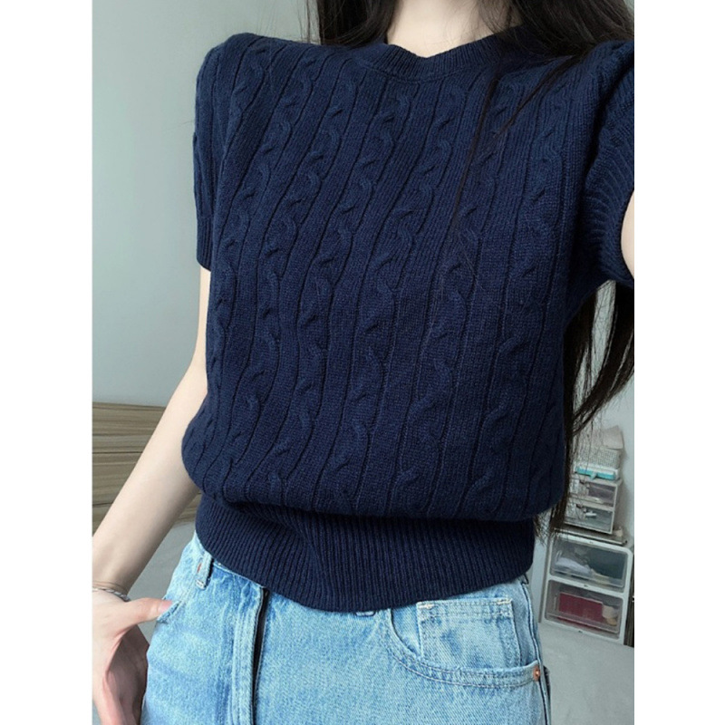 Retro Cable-Knit Crew-Neck Short-Sleeve Knit T-Shirt For Summer