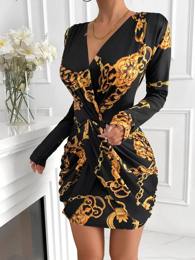 Long sleeve V neck Stretchy Hip hugging Short Dress For Banquets Black - Shop at LoveMi