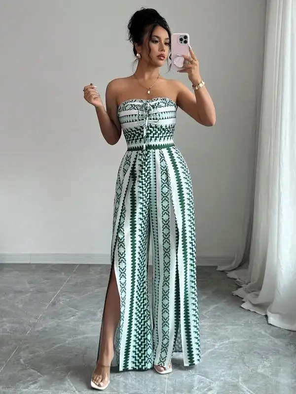 Womens Stylish Belted Slit-print Jumpsuit With A Cinched Waist