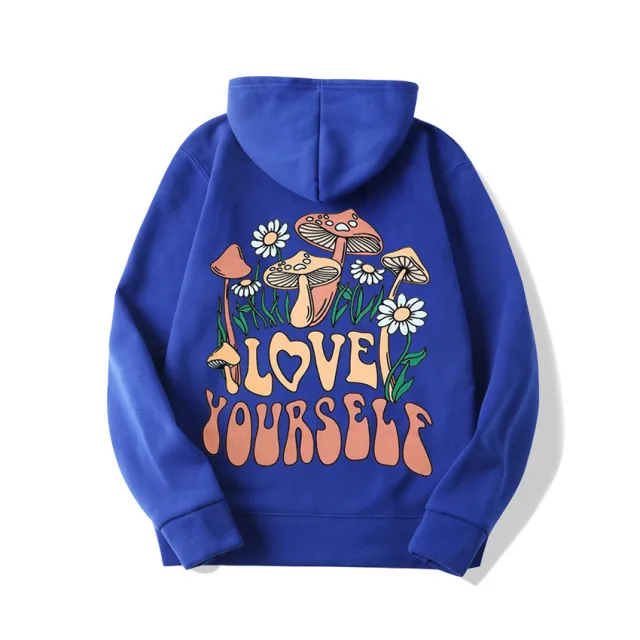 Plus Size Loose Mushroom Slogan Hoodie Blue - Shop at LoveMi