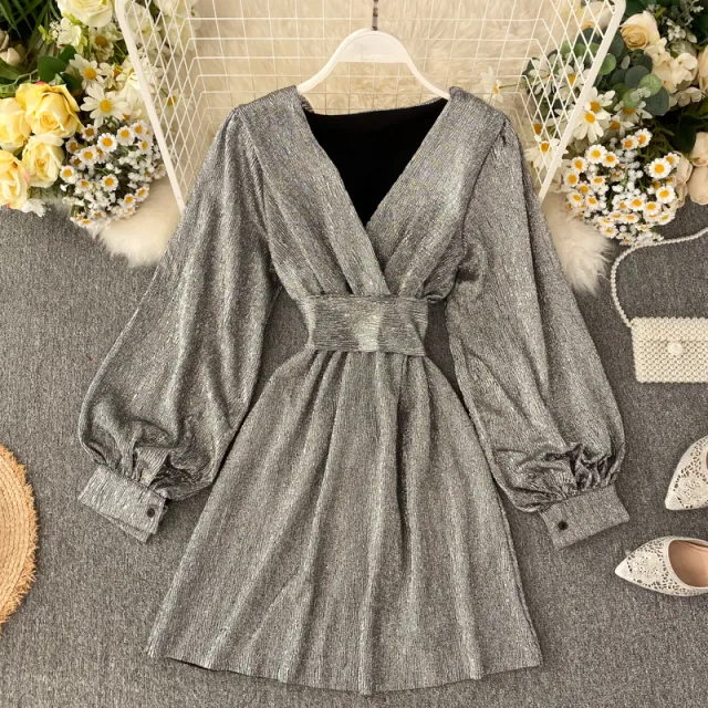New Spring Summer V neck Lantern Sleeve Gold Metallic Sheer Waist Cinched Dress Silver - Shop at LoveMi
