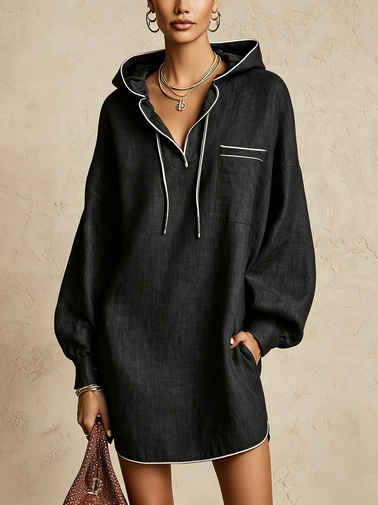 Womens Drawstring Midi Dress | Long-Sleeve Hooded