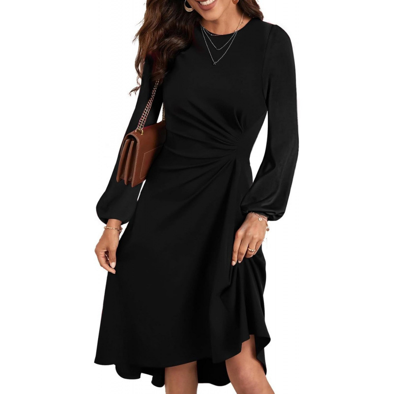 European And American Round Neck Pullover Fashion Long Sleeve Slim Fit Slit Dress