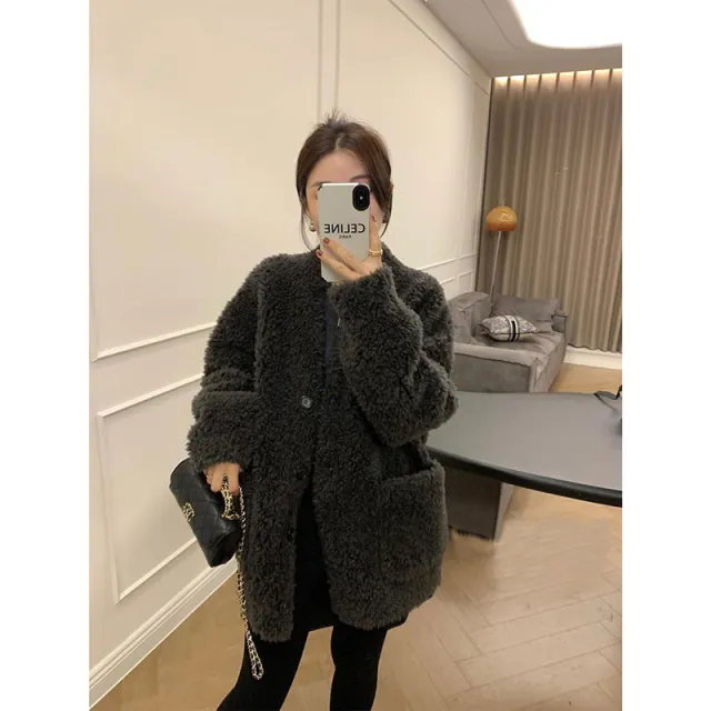 Loose And Warm Lamb Wool Top Coat For Women Gray - Shop at LoveMi