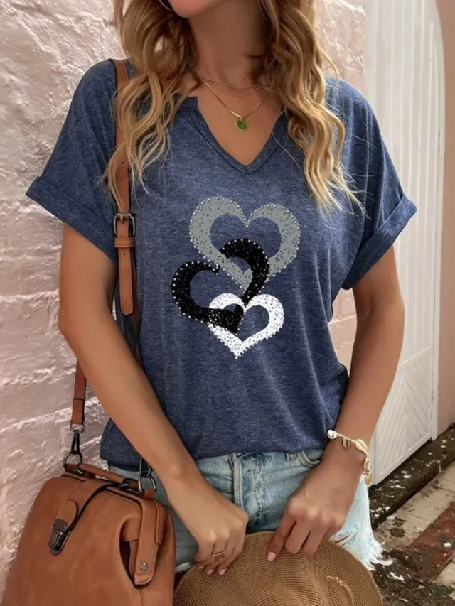 Women's Loose Short sleeved T shirt With Heart Printing Missing Neckline Blue - Shop at LoveMi