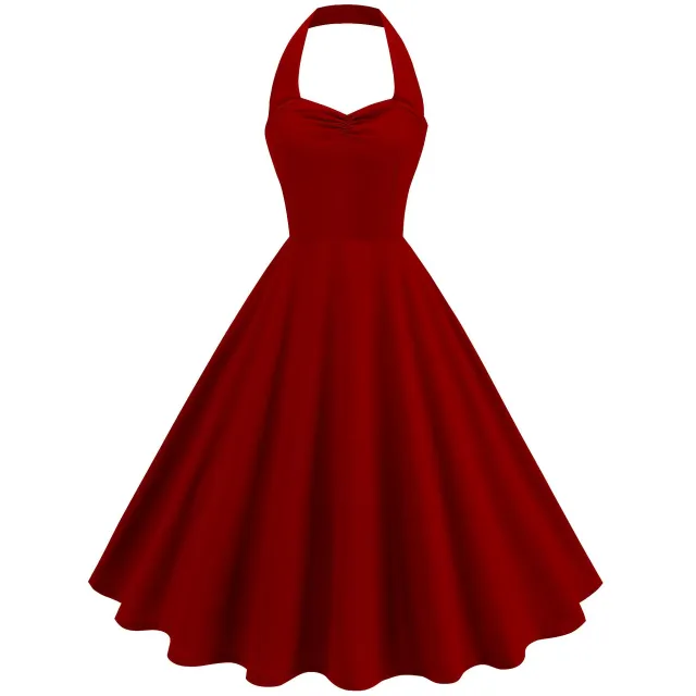 Retro Hepburn Style Little Black Dress Pure Color Halter Dress Red - Shop at LoveMi