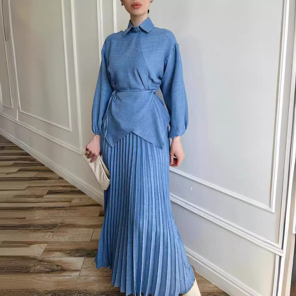 New Women's Muslim Style Elegant Fashion Pleated Skirt Tied Top