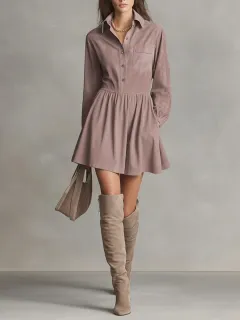 Women's Fashion Long-sleeve Single-breasted Shirt Dress - Lotus Root Colour-L - View 1