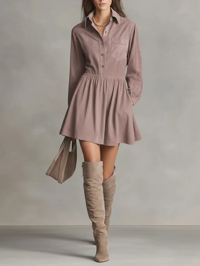 Women's Fashion Long sleeve Single breasted Shirt Dress Lotus Root Color 3Xl - Shop at LoveMi