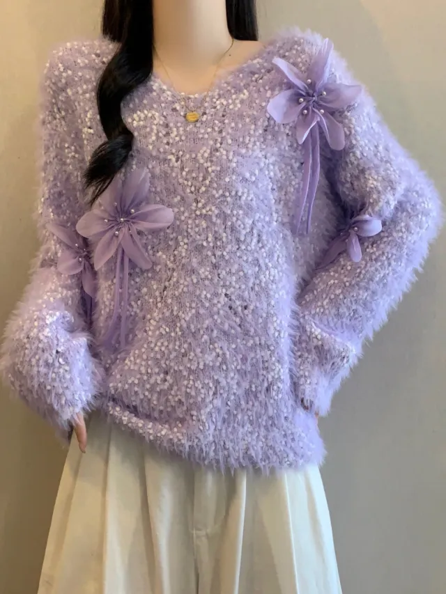 Autumn And Winter Plush Knitted Sweater For Women Sweet 3D Flower Decoration Loose Fit Purple - Shop at LoveMi