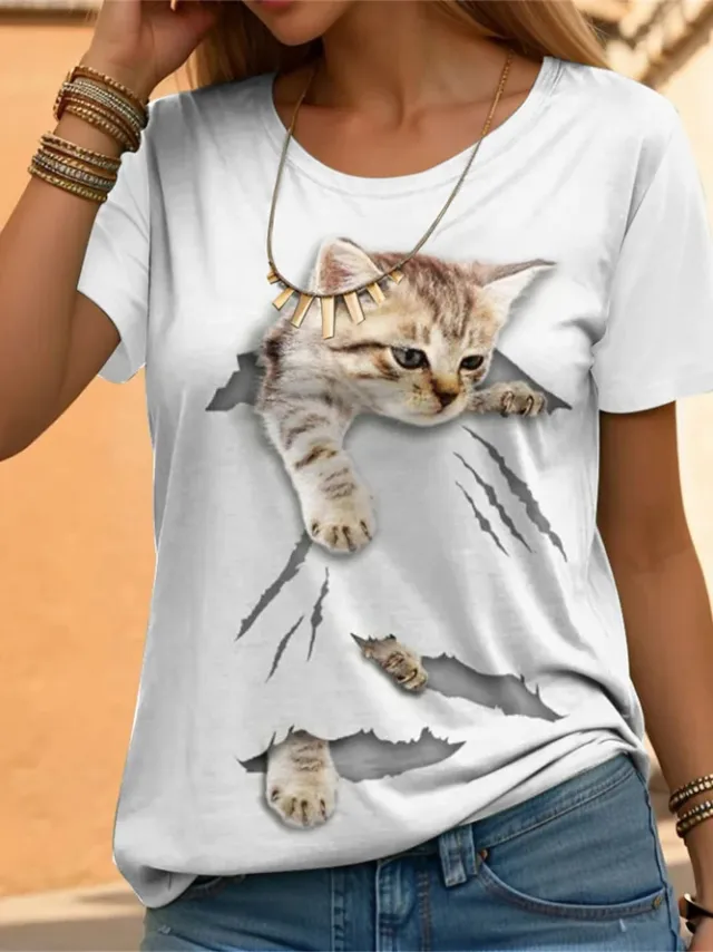 Casual Loose Cat Printing Short sleeved Shirt White - Shop at LoveMi